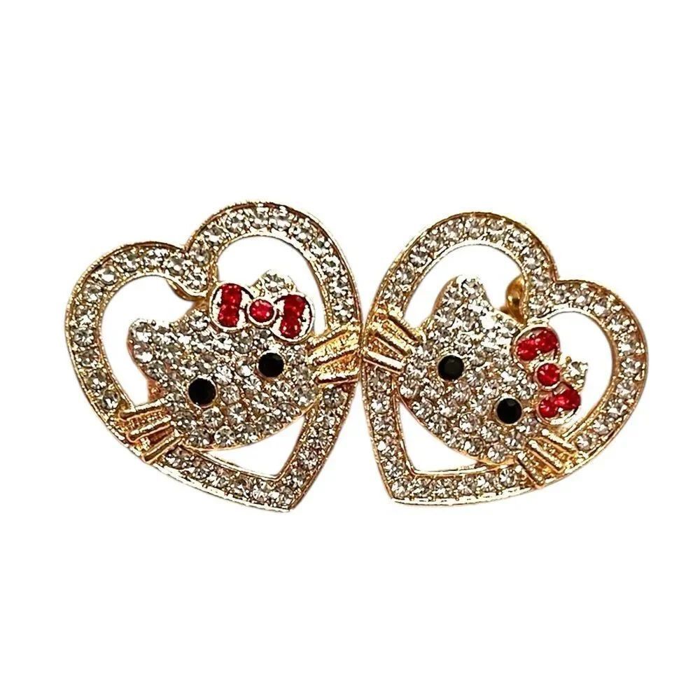 Hello Kitty Crystal Heart Red Bow Gold Stud Earrings